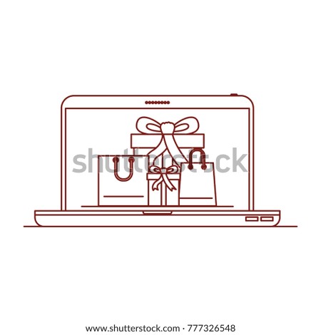 laptop computer front view with gift boxes and shopping bags in screen on dark red contour