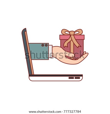 laptop computer and hand holding gift box of purchase online in colorful silhouette