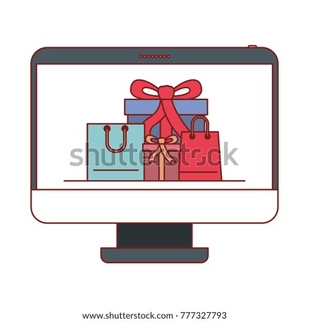 desktop computer front view with gift boxes and shopping bags in screen on colorful silhouette