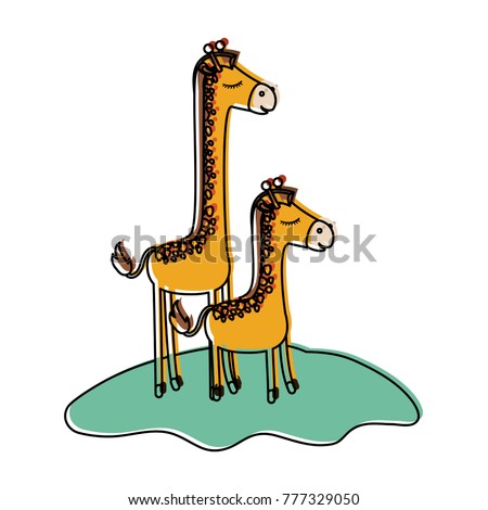 cartoon giraffe mom with calf over grass in watercolor silhouette