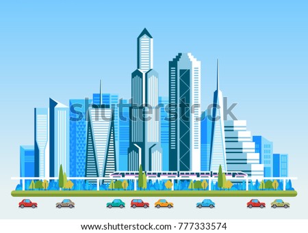 Urban landscape with high skyscrapers and subway. Vector illustration.