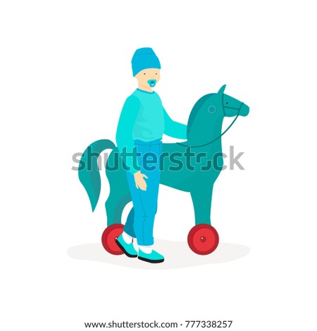 Little boy with a wooden horse. Vector.