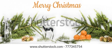 Abstract Christmas composition. Winter abstraction. Christmas decorations on white table with design elements. Can be uses as horizontal banner.