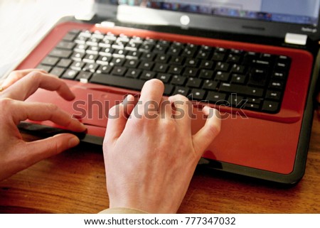 woman typing on the PC in the office white background stock image and stock photo