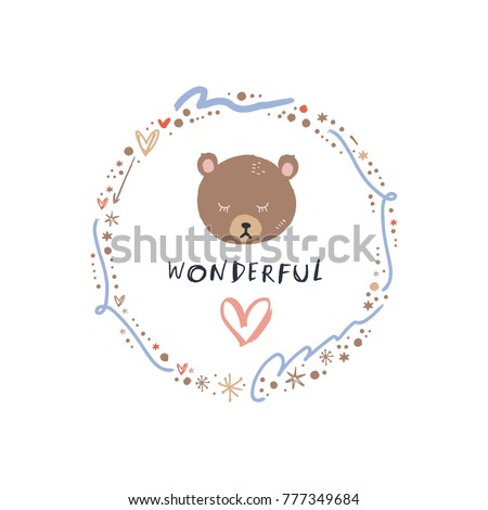 Vector, clip art, hand drawn. Bear, cutie, inscription, vintage, stars, baby, heart, frame, pattern, letters, hugs and kisses. Print, decor, card, poster, t-shirt print, clothes print and more.