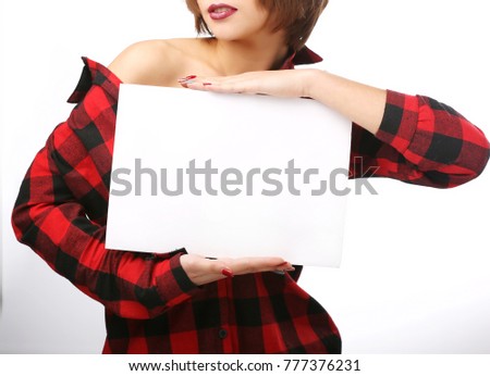 Woman holding an empty sheet of paper A4. Leaflet presentation. Pamphlet hold hands. Sheet template. Isolated over white background