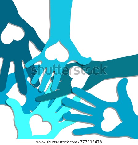 Hands in circle with hearts. Friendship concept, vector
