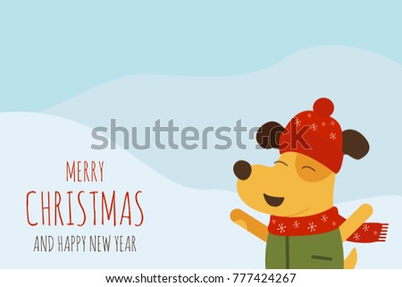 Vector illustration of Merry Christmas and Happy New Year text with yellow dog on blue background. 