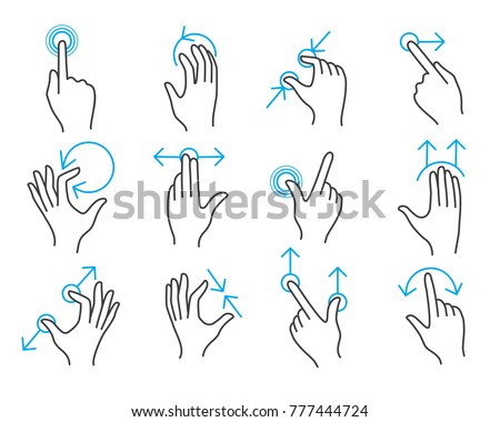 Hand touchscreen gestures. Vector hands actions icons on touch screens like swipe and slide touch Royalty-Free Stock Photo #777444724