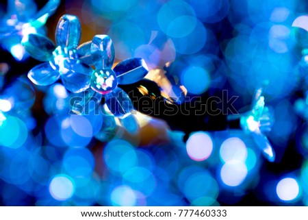 Ornamental flower with blue bokeh lights of Christmas lights and New year