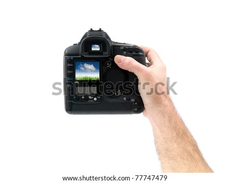 A digital camera hand held isolated against a white background