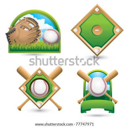 Baseball and glove on grass, baseball diamond, baseball diamond with crossed bats, and baseball with crossed bats in a green banner