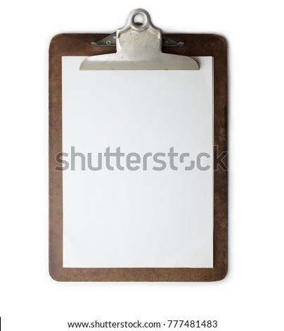 Old well used clipboard with new clean sheet of paper. Dark brown clipboard. Isolated on white. High resolution. Royalty-Free Stock Photo #777481483