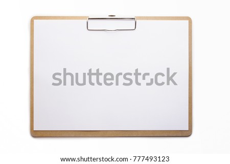 Horizontal clipboard with clean blank white paper. Isolated on pure white. High resolution. Royalty-Free Stock Photo #777493123