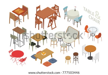 isometric cafe interior table and chair set vector illustration flat design