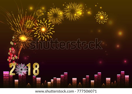 Fireworks over the city, Happy New Year 2018 banner with space for text. illustration vector.