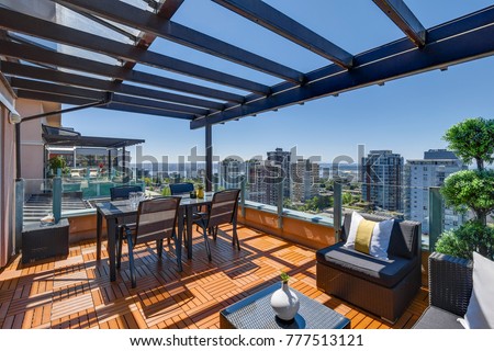 Penthouse patio view  Vancouver Canada Royalty-Free Stock Photo #777513121