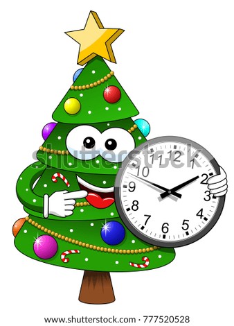 xmas christmas tree mascot character holding indicating clock isolated on white