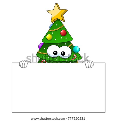 xmas christmas tree mascot character behind blank banner isolated on white
