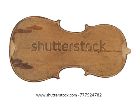 Old violin for restoration: back plate of an antique violin body isolated on white background
