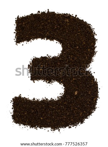 Number 3 three made of ground coarse coffee isolated on white. Flat lay, top view