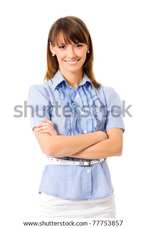 Portrait of happy smiling business woman, isolated on white background
