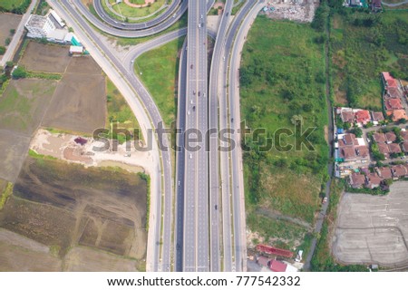 Aerial view intersection highway transport road with car drive