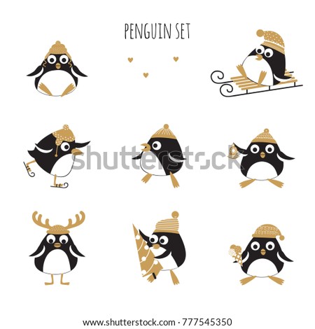 Set with cute penguins with winter symbols in black and gold color. Vector illustration.