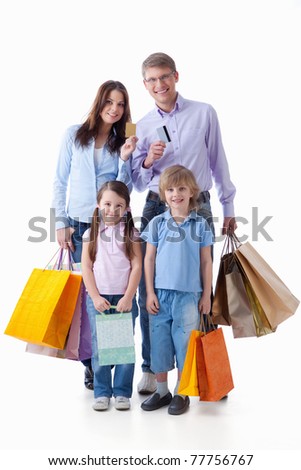 Families with credit cards and shopping on a white background