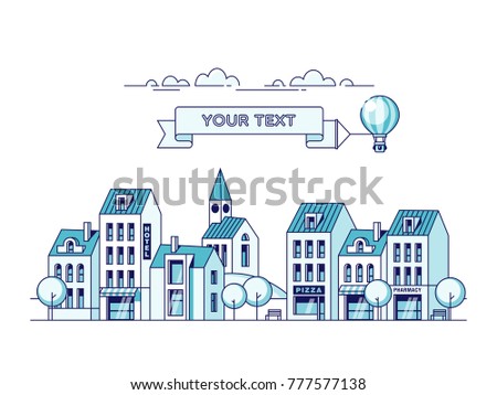 Cityscape and air balloon with message on banner. Vector illustration.