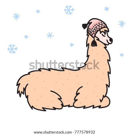 Vector illustration of cute character south lama in winter hat and scarf. Isolated outline cartoon baby llama. Hand drawn Christmas Peru animalguanaco, alpaca, vicuna. Drawing for print.