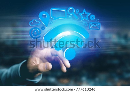 View of a wifi symbol connection surrounded by multimedia and internet application logo - 3d rendering