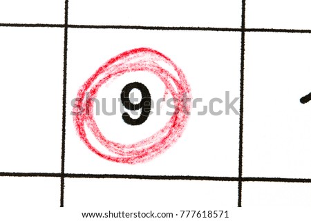 Mark the date number 9. The fifth day of the month is marked with a red circle.