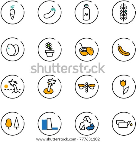 line vector icon set - carrot vector, eggplant, milk, spica, eggs, flower pot, coconut cocktail, banana, palm, dragonfly, tulip, forest, water power plant, recycling, oiler