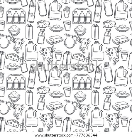 Milk product seamless pattern. Vector illustration hand drawn retro style. Outline cheese, cottage cheese, butter, a bottle and a packet of milk. smoothies and etc.