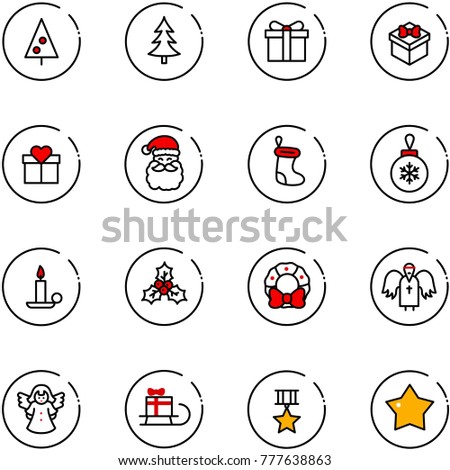 line vector icon set - christmas tree vector, gift, santa claus, sock, ball, candle, holly, wreath, angel, sleigh, star medal