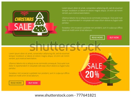 Hot prices Christmas sale buy now posters vector illustration with promotion text, red sticker and ribbon, Christmas tree with toys push-buttons