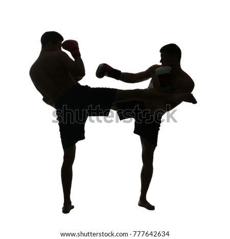 Silhouette of male boxers fighting on white background