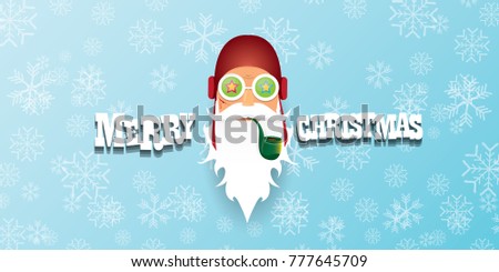vector bad rock n roll dj santa claus with smoking pipe, beard and greeting calligraphic text on blue horizontal banner with snowflakes. Christmas party hipster horizontal poster background .