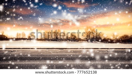 Winter road and snow with frost decoration. 