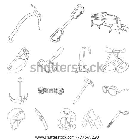 Mountaineering and climbing outline icons in set collection for design. Equipment and accessories vector symbol stock web illustration.