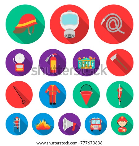 Fire Department flat icons in set collection for design. Firefighters and equipment vector symbol stock web illustration.