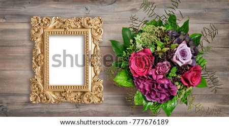 Golden picture frame and rose flowers. Vintage style mockup with space for your picture or text. Picture frame