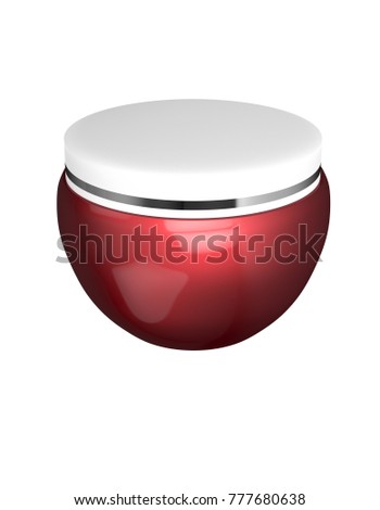 3D realistic render of red glossy cosmetic jar with white lid for cream, butter, scrub, gel, powder, wax. Packaging mock up template. Isolated on white background. Clipping path.