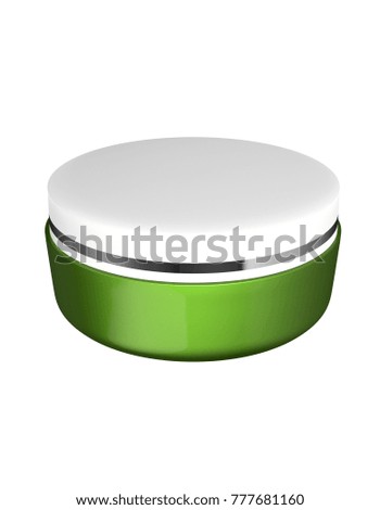 3D realistic render of green glossy cosmetic jar with white lid for cream, butter, scrub, gel, powder, wax. Packaging mock up template. Isolated on white background. Clipping path.