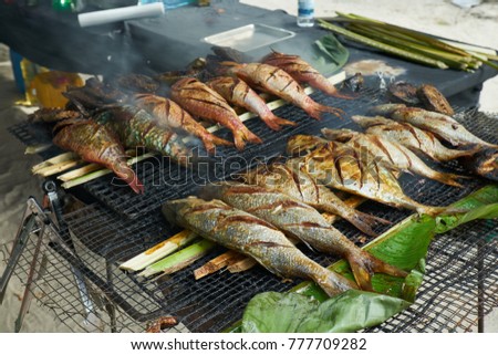 Grilled fresh seafood  in local market, Mahé - Seychelles Island Royalty-Free Stock Photo #777709282