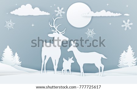 Christmas snow winter scene background with a family of deer in silhouette in a vintage paper art style