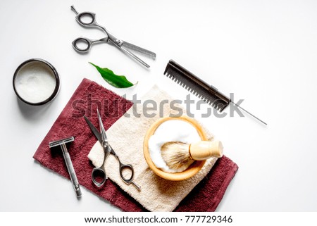 Mens hairdressing desktop with tools for shaving top view