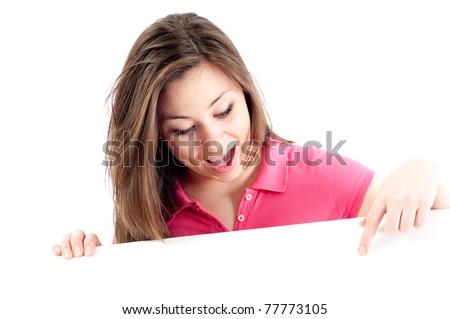 Young woman displays advertising poster