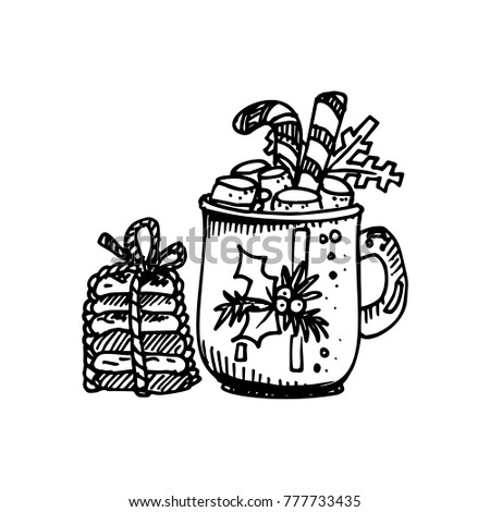 Black Mono Color Illustration for Merry Christmas and Happy New Year Print Design. Mug with Hot Chocolate and Marshmallow. Coloring Book Page Design for Adults or Kids